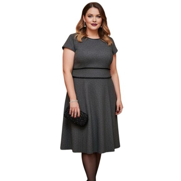 Lane Bryant Ponte Fringe Trim Knit Tweed Fit & Flare Dress Plus 24 Gray Black - Picture 1 of 11